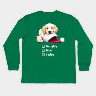 Naughty or Nice Golden Retriever Pup Kids Long Sleeve T-Shirt